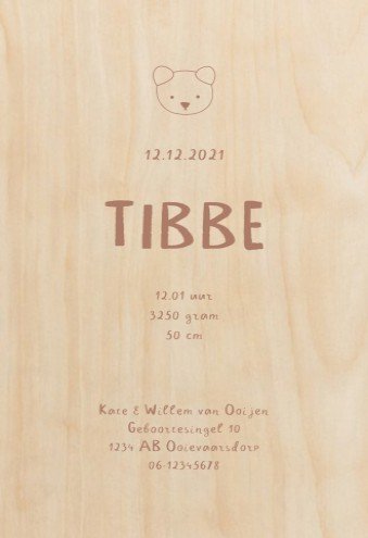 Echt hout geboortekaartje beertje - Tibbe