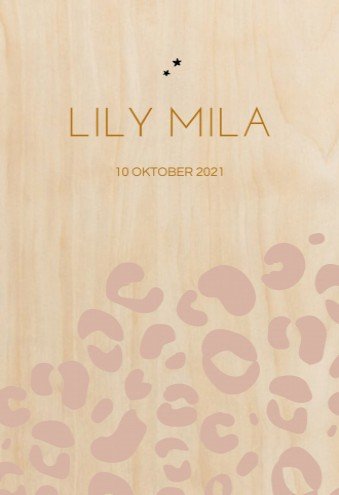 Echt hout geboortekaartje panterprint Lily Mila