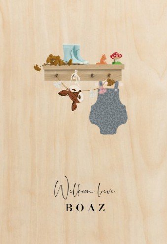 Echt houten geboortekaartje met kledingrekje - Boaz