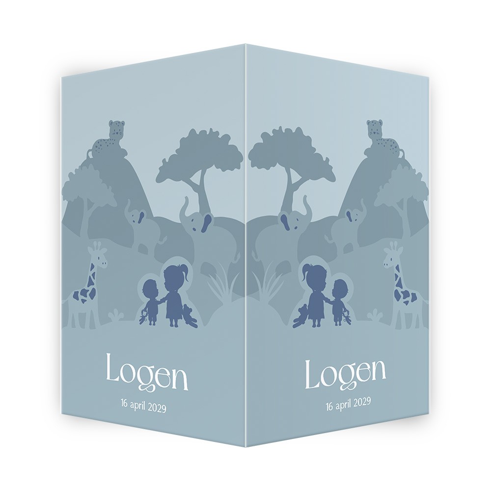 Geboortebord jungle skyline en dieren met twee kindjes in stoer blauw - Logen