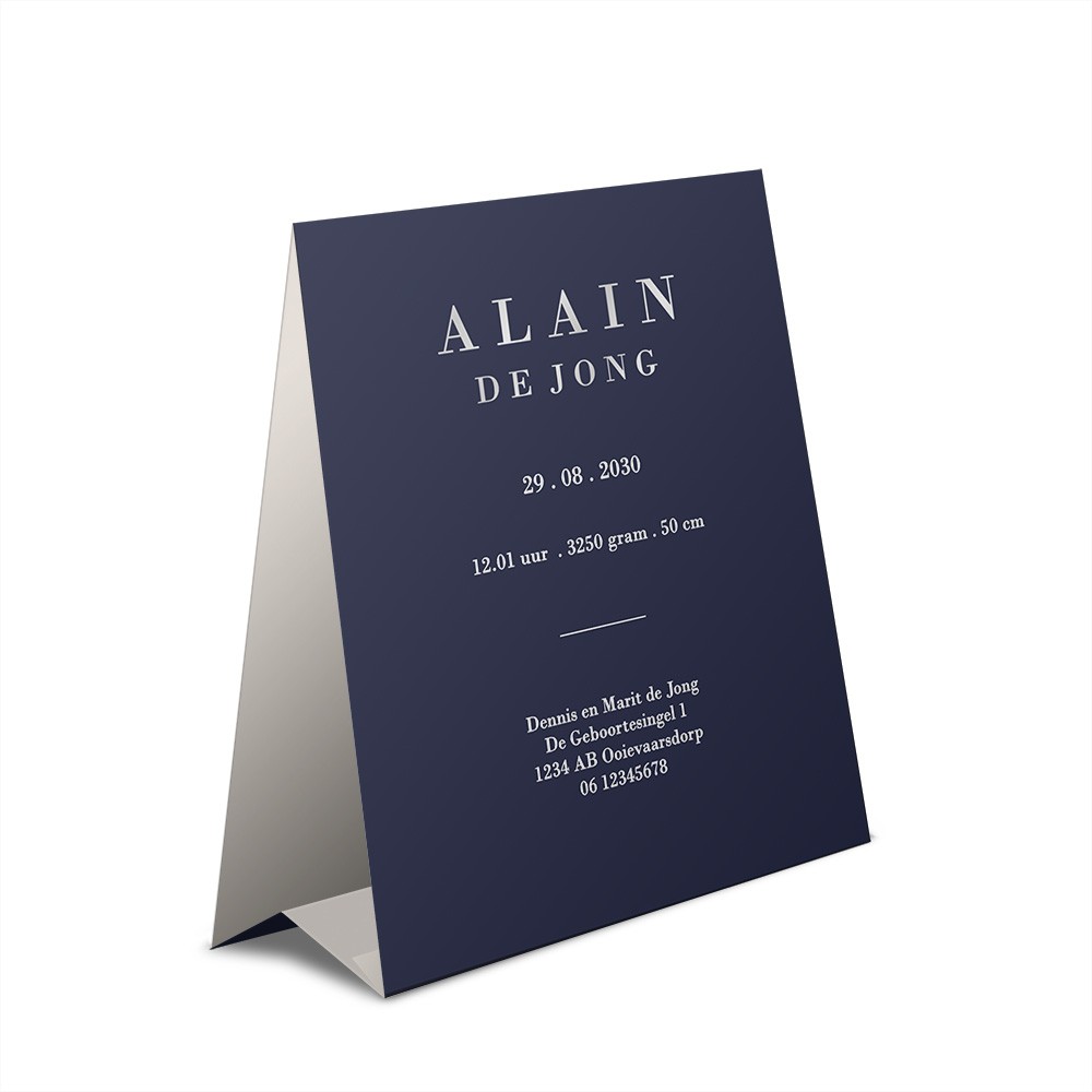 Geboortekaartje jongen met lijntekening en zilverfolie zelfsluitend - Alain