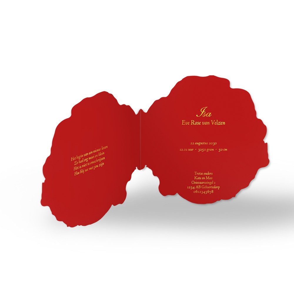 Geboortekaartje meisje in rozenvorm met goudfolie - Isa