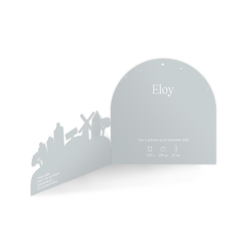 Jongens geboortekaartje met unieke 3d vorm met Hollandse accenten in zacht blauw met sterren - Eloy
