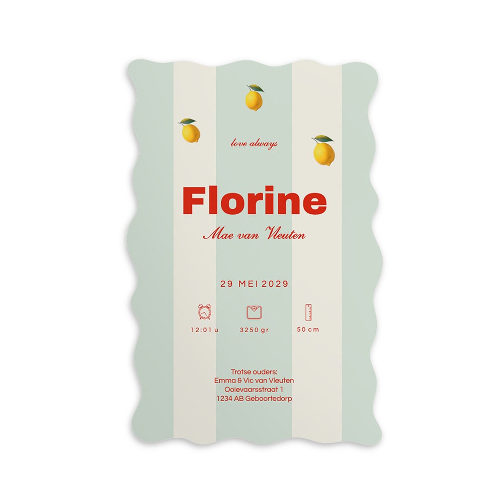 Meisjes geboortekaartje met een speelse vorm en vrolijke strepen - Florine