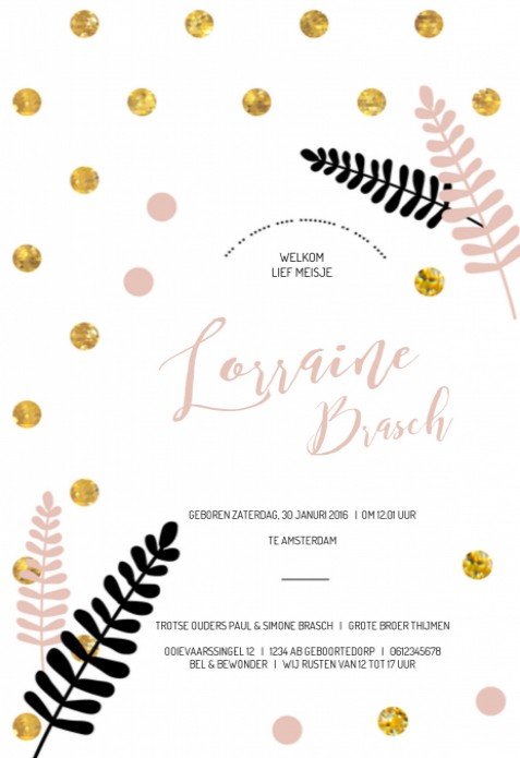 Geboortekaartje meisje met goudlook stippen en speelse blaadjes - Lorraine