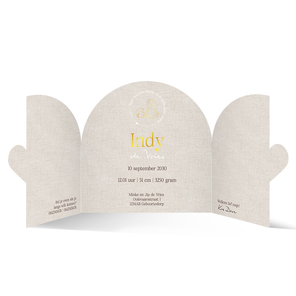 Meisjes geboortekaartje met bijzondere hartjes vorm, goudfolie en linnenlook - Indy