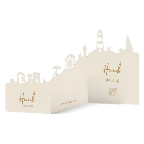 Zomers geboortekaartje met zee en strand skyline 3d voor een jongen - Huub