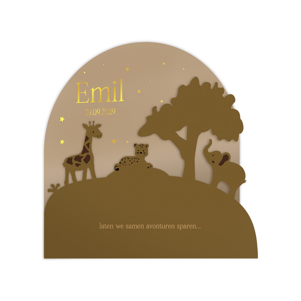 Geboortekaartje jongen 3d met jungle dieren met stoere kleuren en goudfolie - Emil