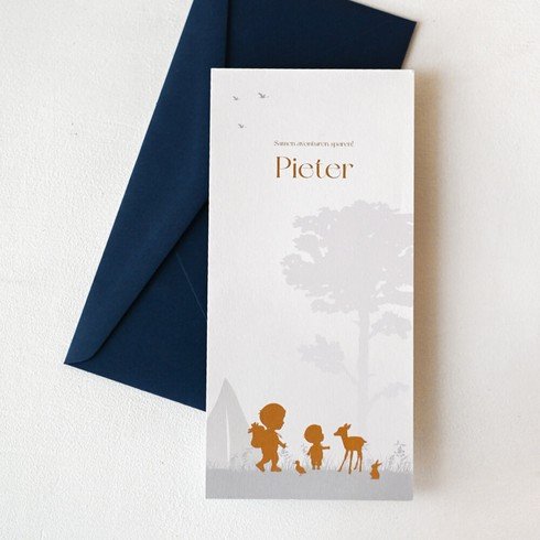Avontuurlijk jongens geboortekaartje met broertjes kamperen in het bos - Pieter