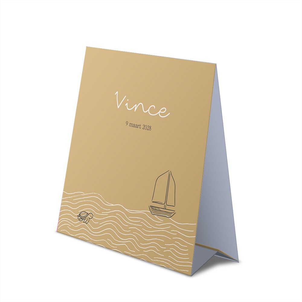 Geboortekaartje jongen speels met golven en boot in zand tinten - Vince