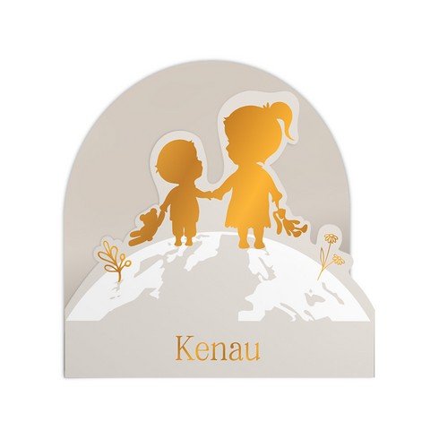 Geboortekaartje 3d jongen met grote zus in koperfolie op een wereldbol - Keanu