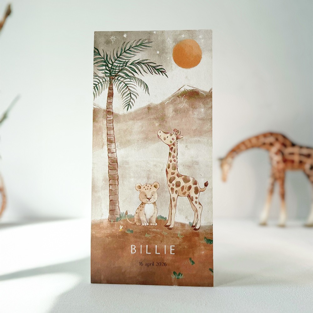 Geboortekaartje jungle meisje met tijger giraf en palmboom - Billie