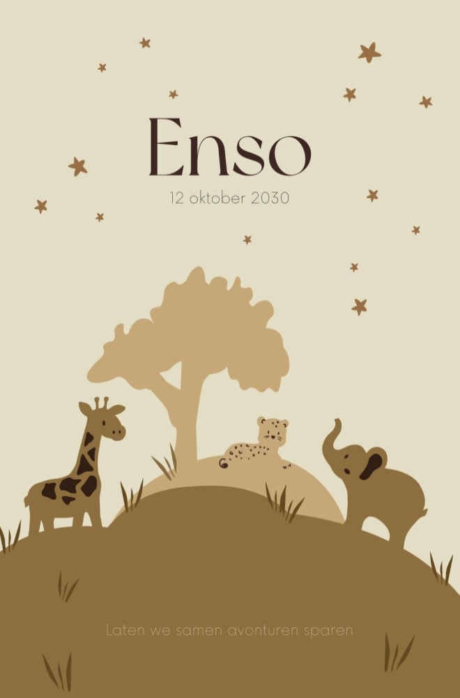 Jungle jongen geboortekaartje met vrolijke dieren en zachte kleuren - Enso