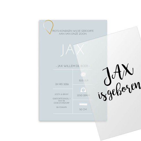 Geboortekaartje achterkant typografisch in blauw - Jax