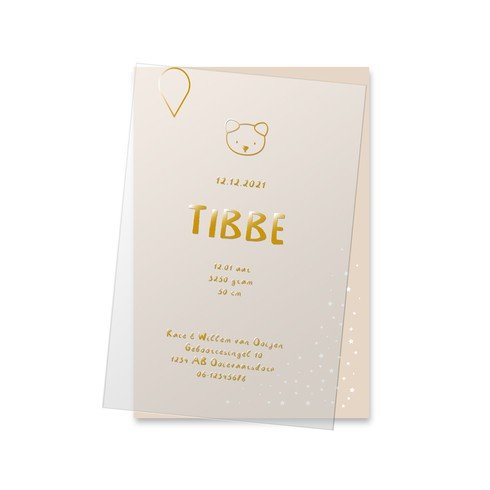 Geboortekaartje met beertje in goudfolie op kalkpapier - Tibbe