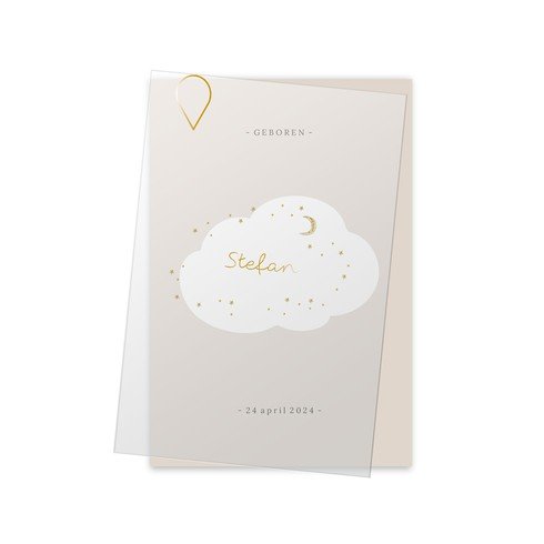 Geboortekaartje op kalkpapier met wolk, maan en sterren - Stefan (1 van 2)