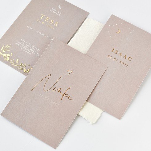 Stoer geboortekaartje voor een meisje met goudfolie takje op grijskarton - Ninke