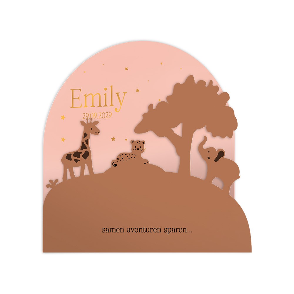 Geboortekaartje meisje met jungle dieren in een 3d vorm met koperfolie - Emily
