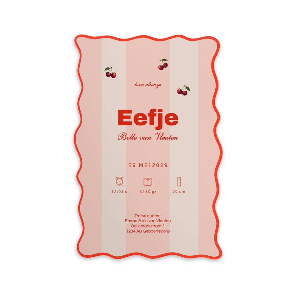 Meisjes geboortekaartje met trendy kleuren en kersje - Eefje
