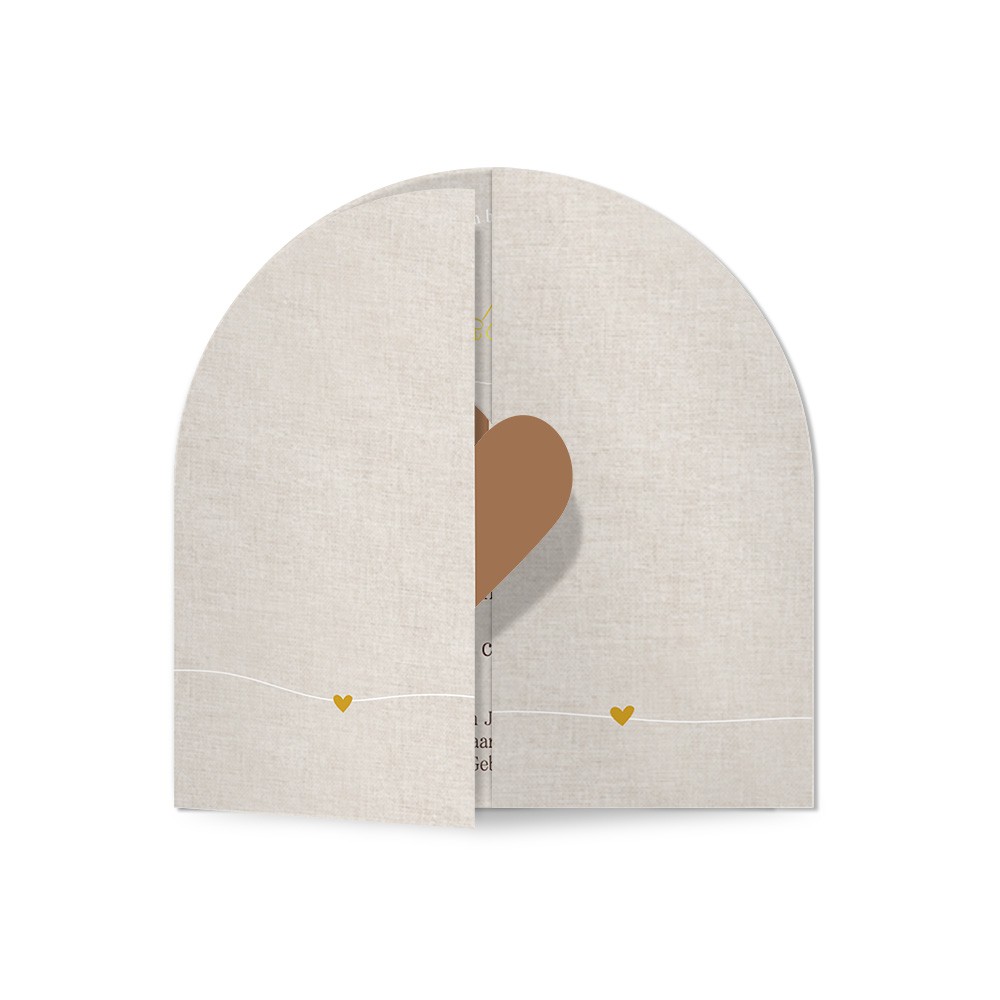 Meisjes geboortekaartje met bijzondere hartjes vorm, goudfolie en linnenlook - Indy