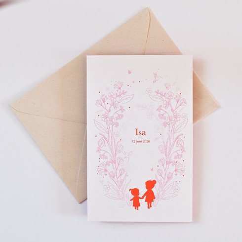 Geboortekaartje meisje met silhouet van zusjes in trend kleuren met dieren - Isa