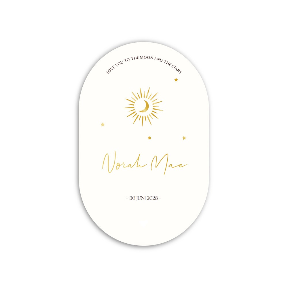 Geboortekaartje dochter met goudfolie maan en sterren in ovale vorm - Norah