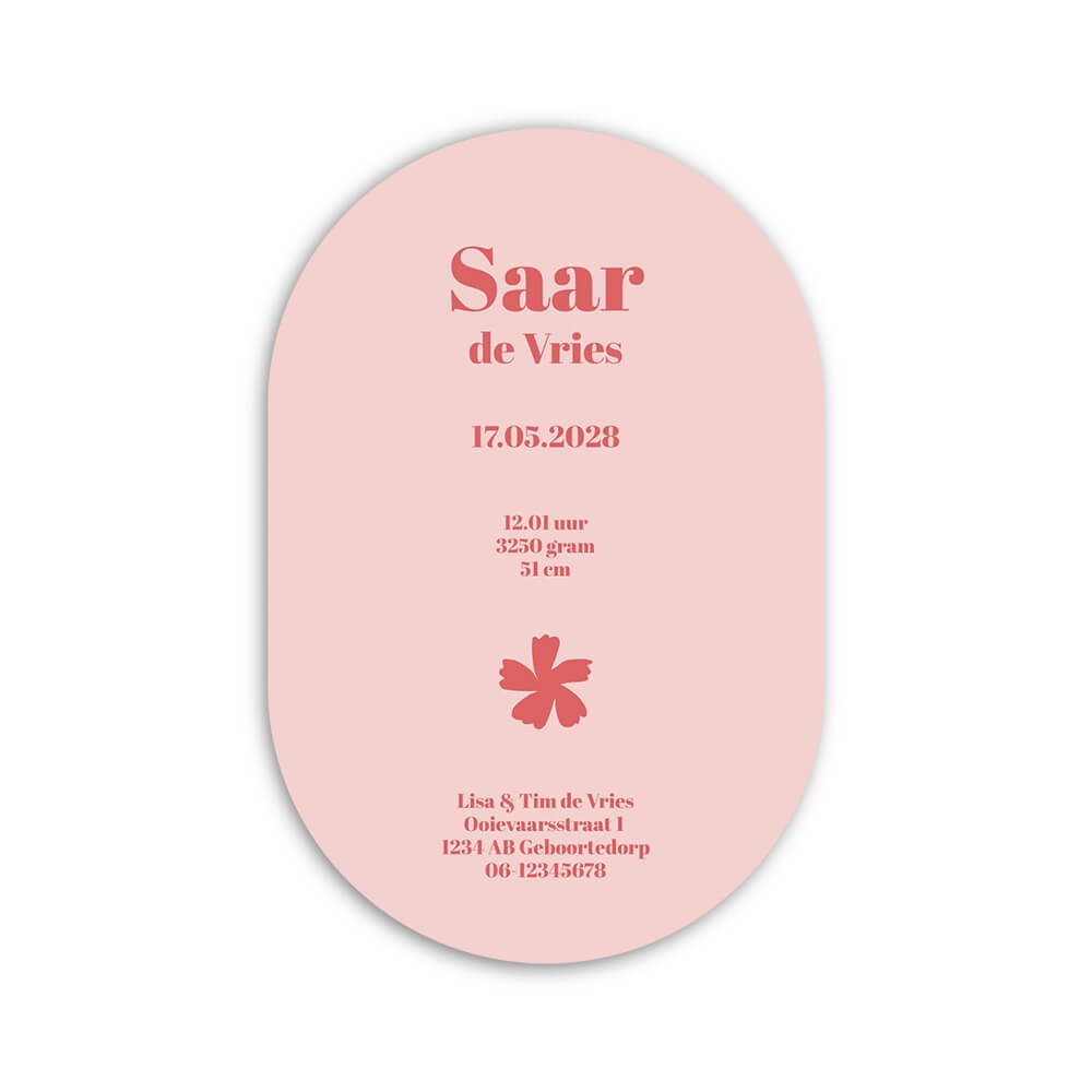 Geboortekaartje meisje ovaal met roze bloemen en hoogglans- Saar