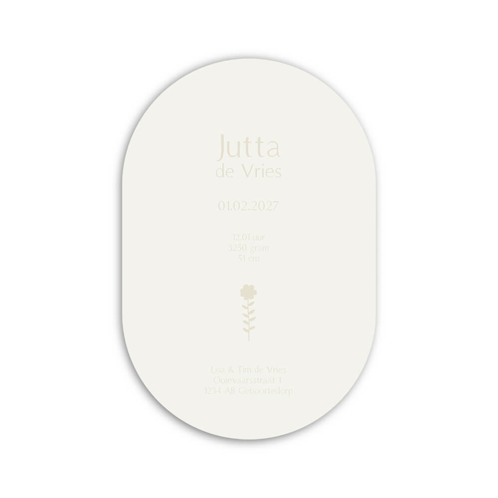 Geboortekaartje meisje in het ovaal met beige kleuren en goudfolie  - Jutta