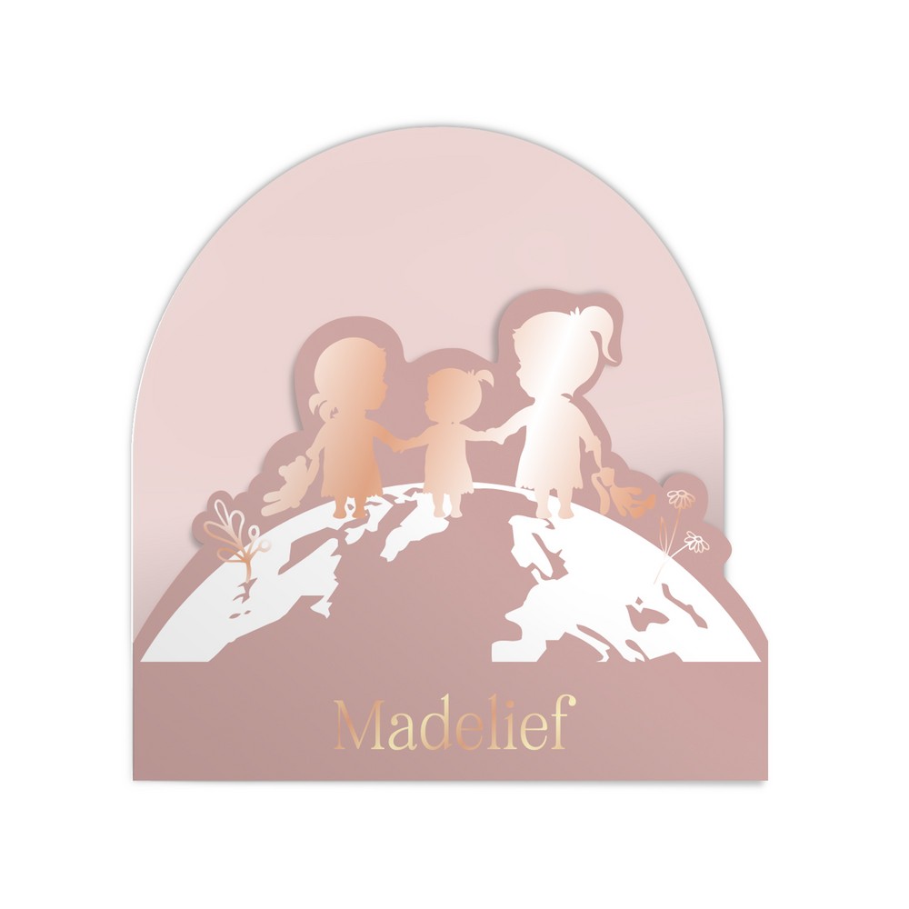 Geboortekaartje meisje met twee grote zussen in rosegoudfolie en bijzondere 3d vorm - Madelief