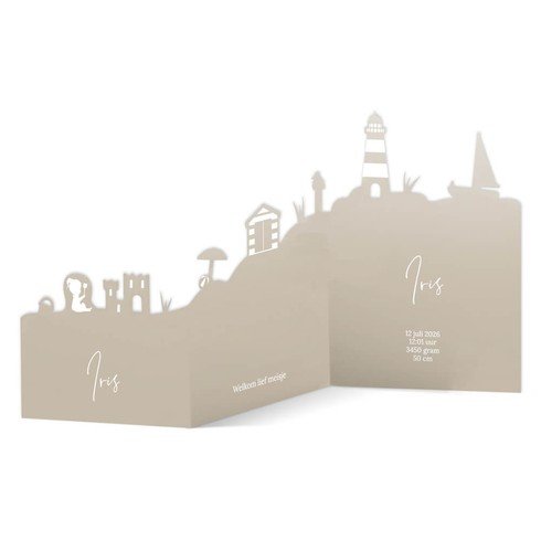 Geboortekaartje zomers skyline 3d met zee en strand voor een dochter - Iris