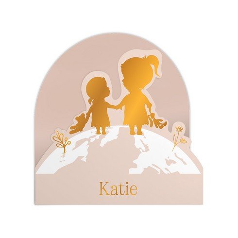 Meisje geboortekaartje met grote zus in koperfolie in aparte vorm - Katie