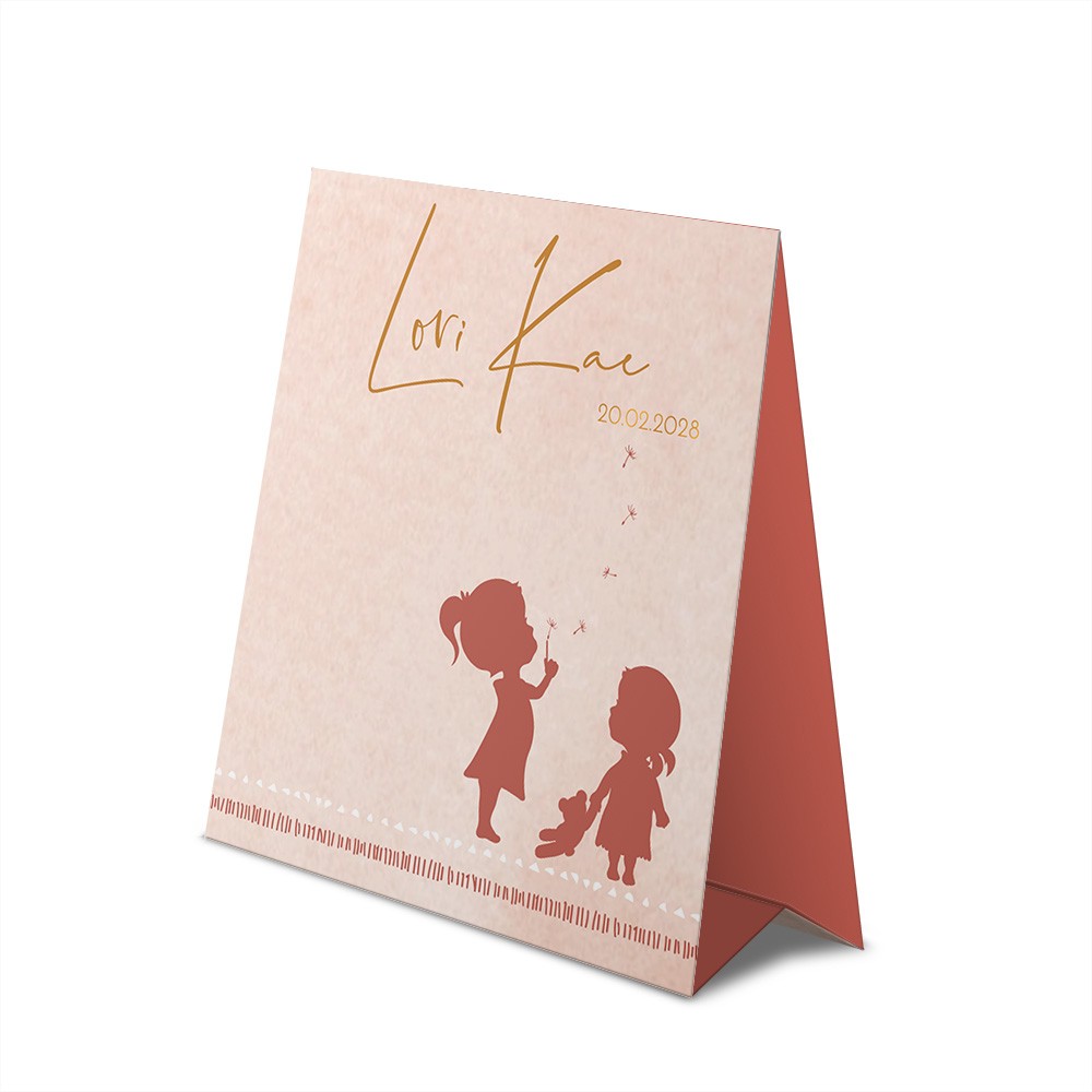 Meisjes geboortekaartje met zusjes in koperfolie met waterverf achtergrond in een tentvorm - Lori