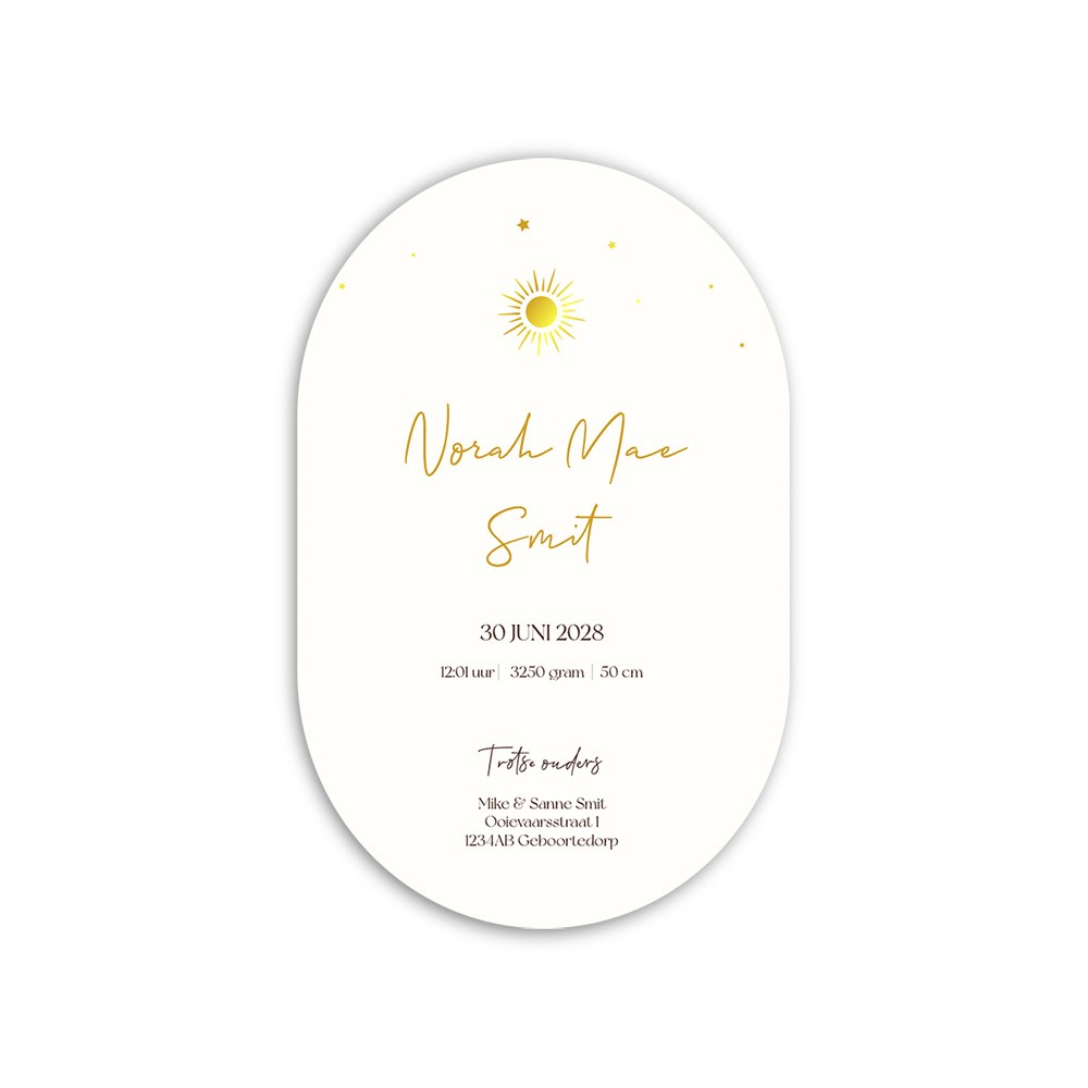 Geboortekaartje dochter met goudfolie maan en sterren in ovale vorm - Norah