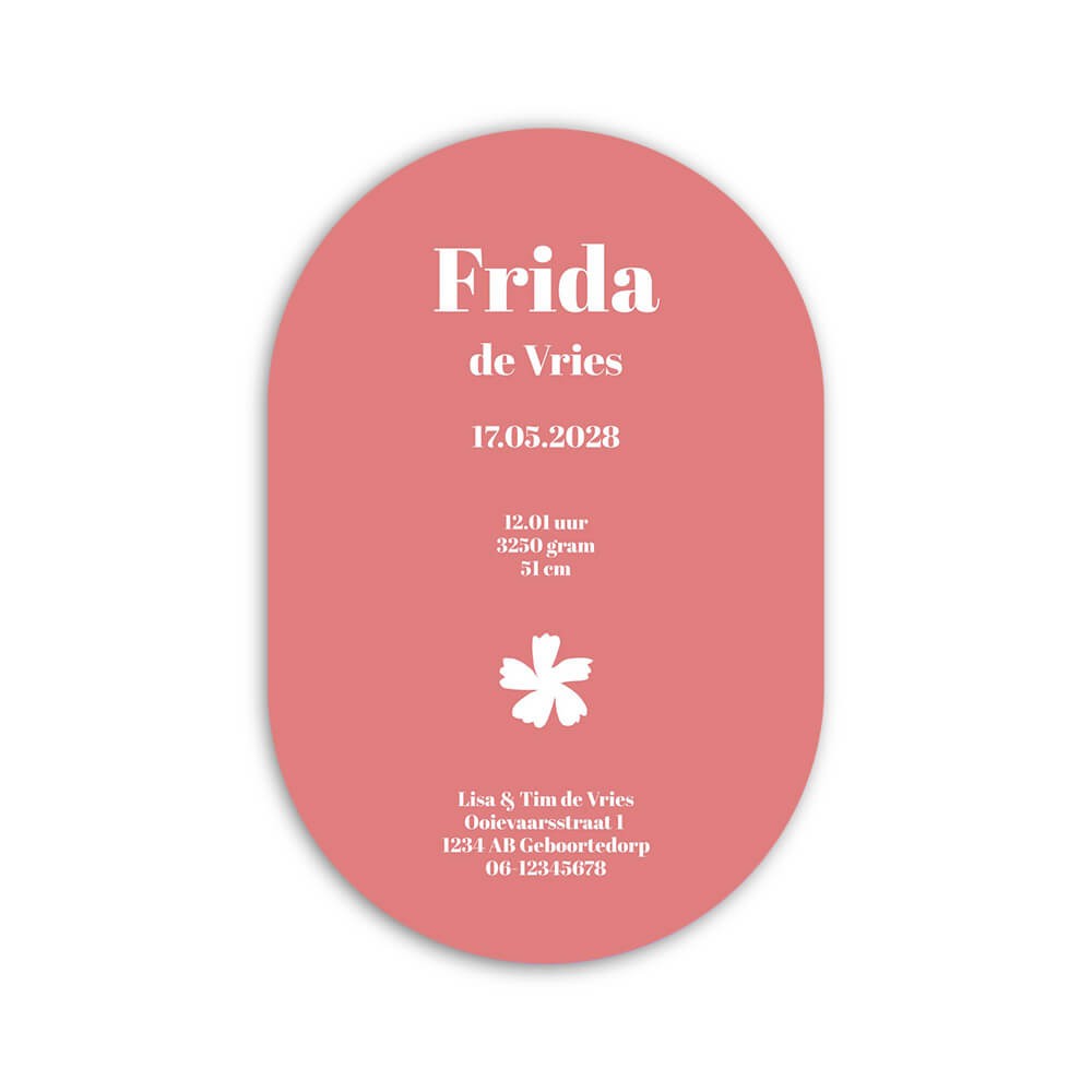 Geboortekaartje meisje ovaal met bloemenprint in felroze - Frida