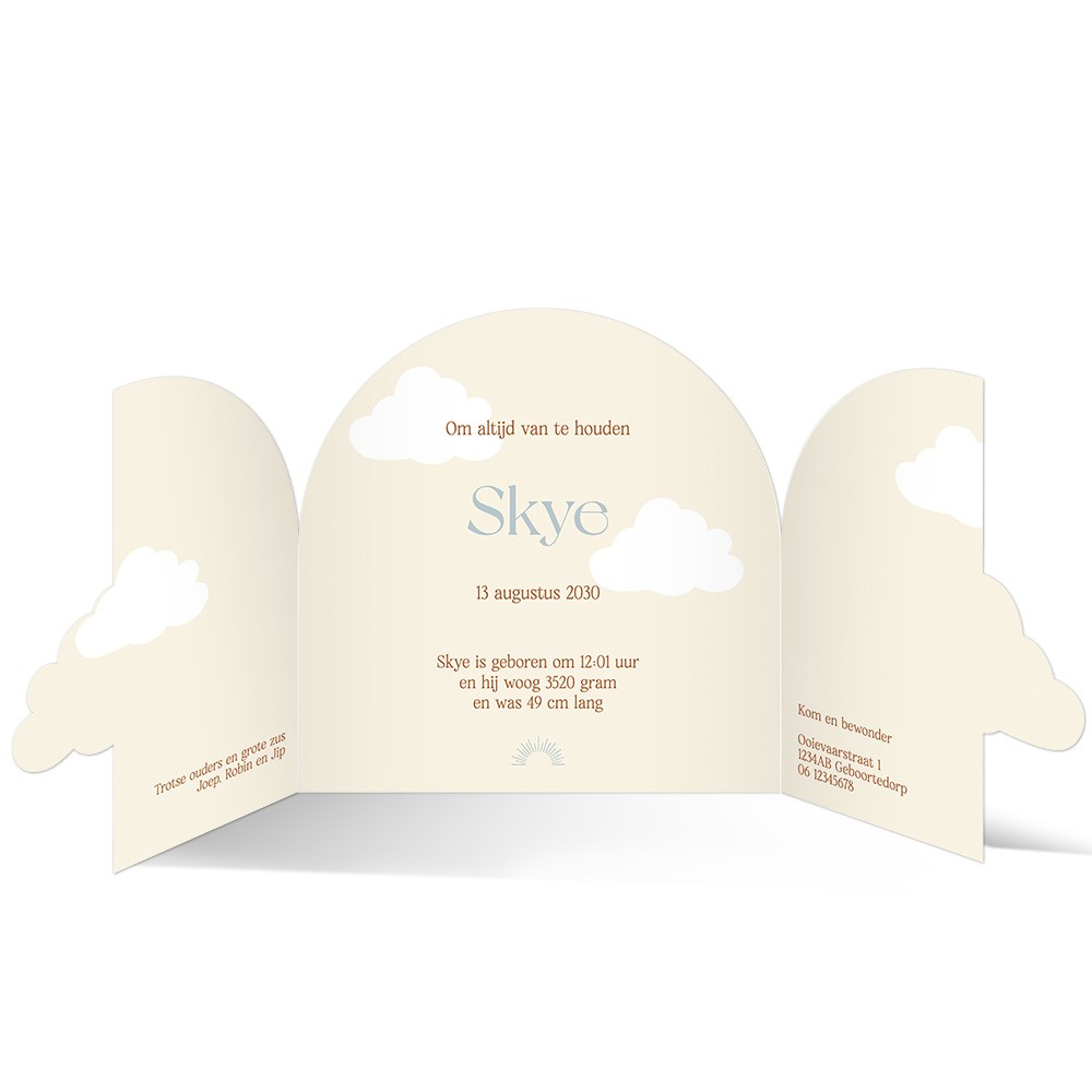Unisex geboortekaartje met bijzondere wolkorm en goudfolie - Skye