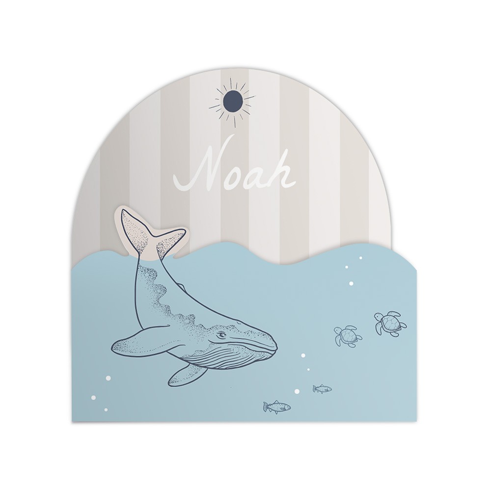 Geboortekaartje jongen in unieke 3d vorm van een walvis met zijn staart boven de golven - Noah