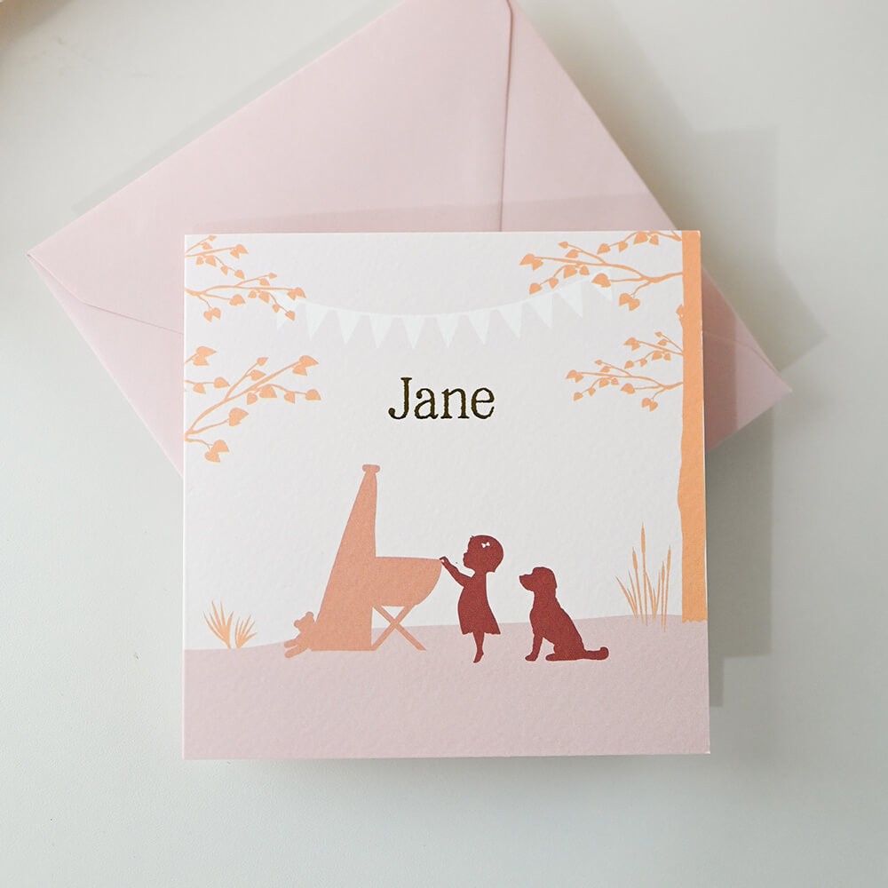 Meisjes geboortekaartje met grote zus en hond bij wieg - Jane