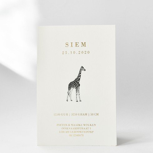 Klassiek geboortekaartje met giraf en goudfolie - Siem