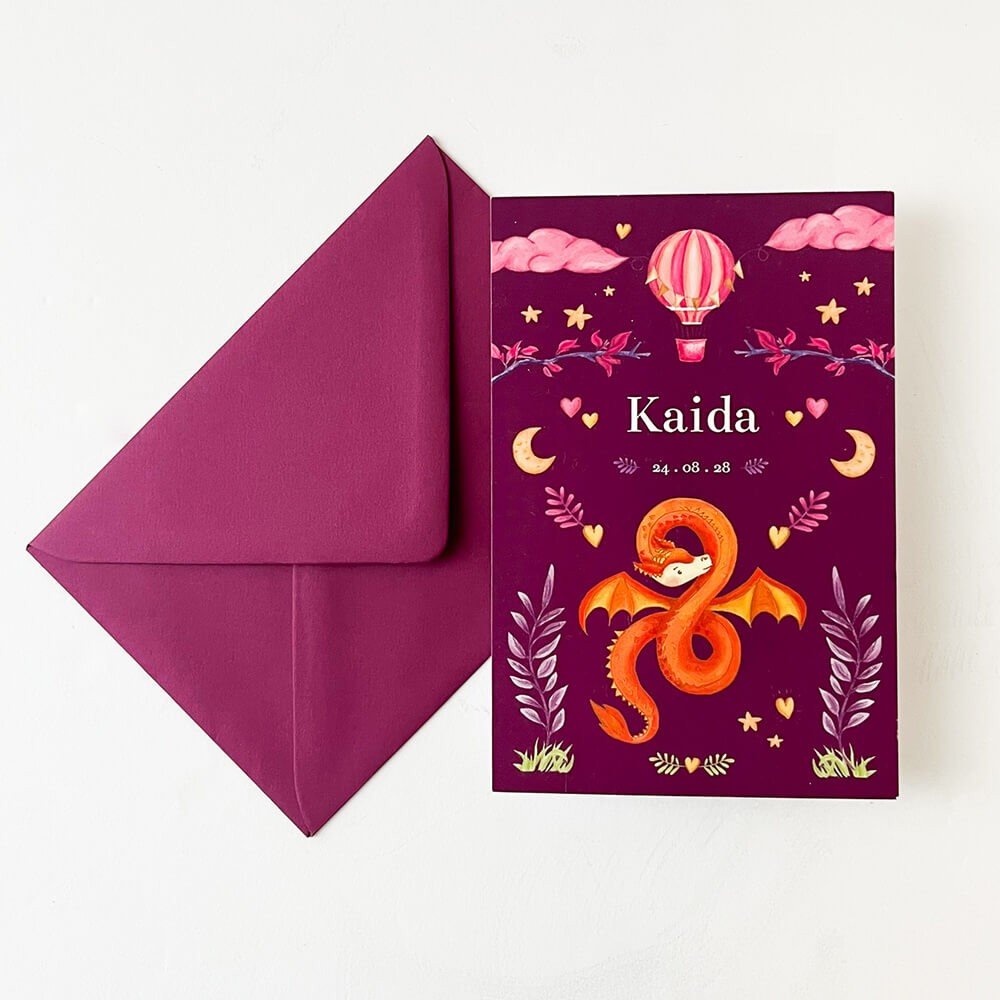 Meisjes geboortekaartje met magisch draakje en luchtballon - Kaida