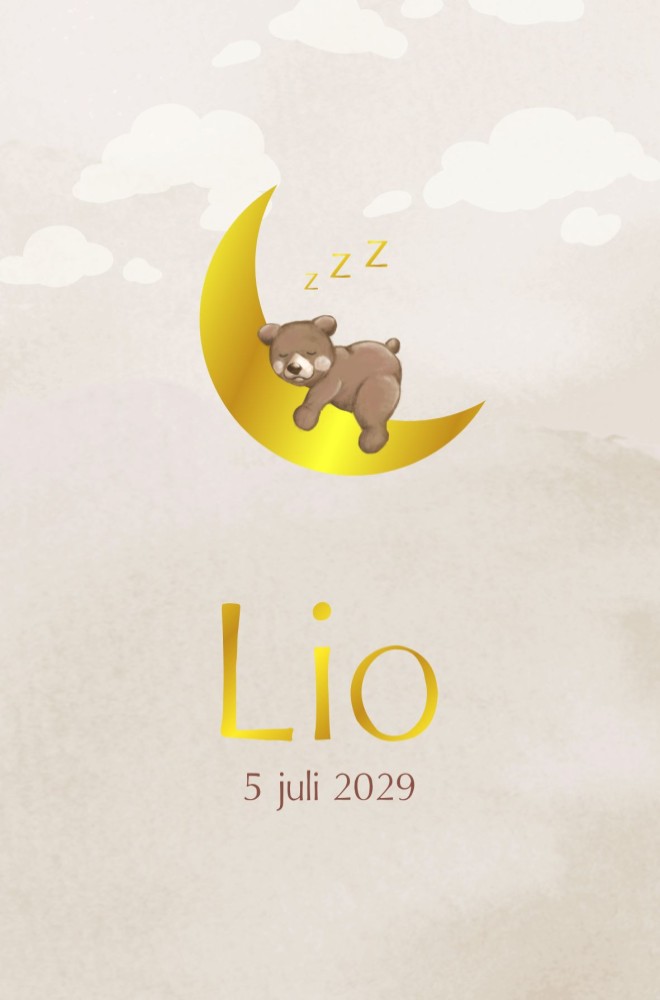 Jongens geboortekaartje met slapende beer op een maan van goudfolie - Lio