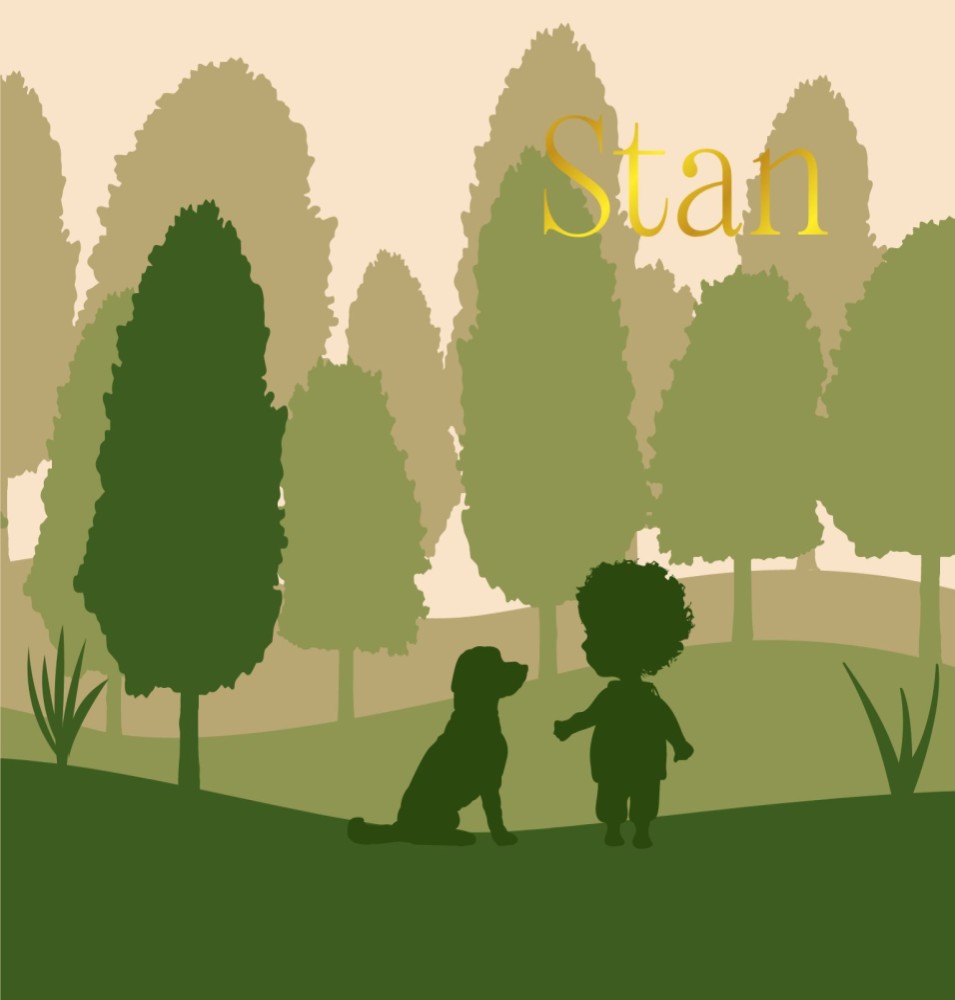 Jongens geboortekaartje spelend in het bos met lieve hond en goudfolie - Stan