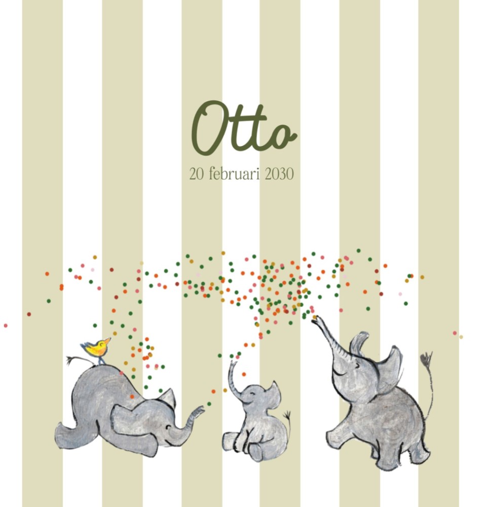 Jongens geboortekaartje met vrolijke en illustratieve olifanten en strepen - Otto