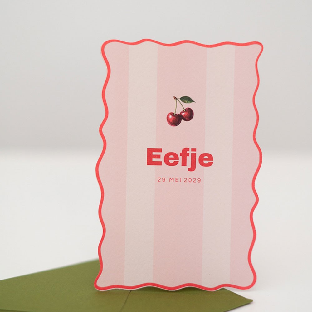 Meisjes geboortekaartje met trendy kleuren en kersje - Eefje
