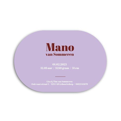 Colorful ovaal geboortekaartje in bordeaux en lila kleuren - Mano