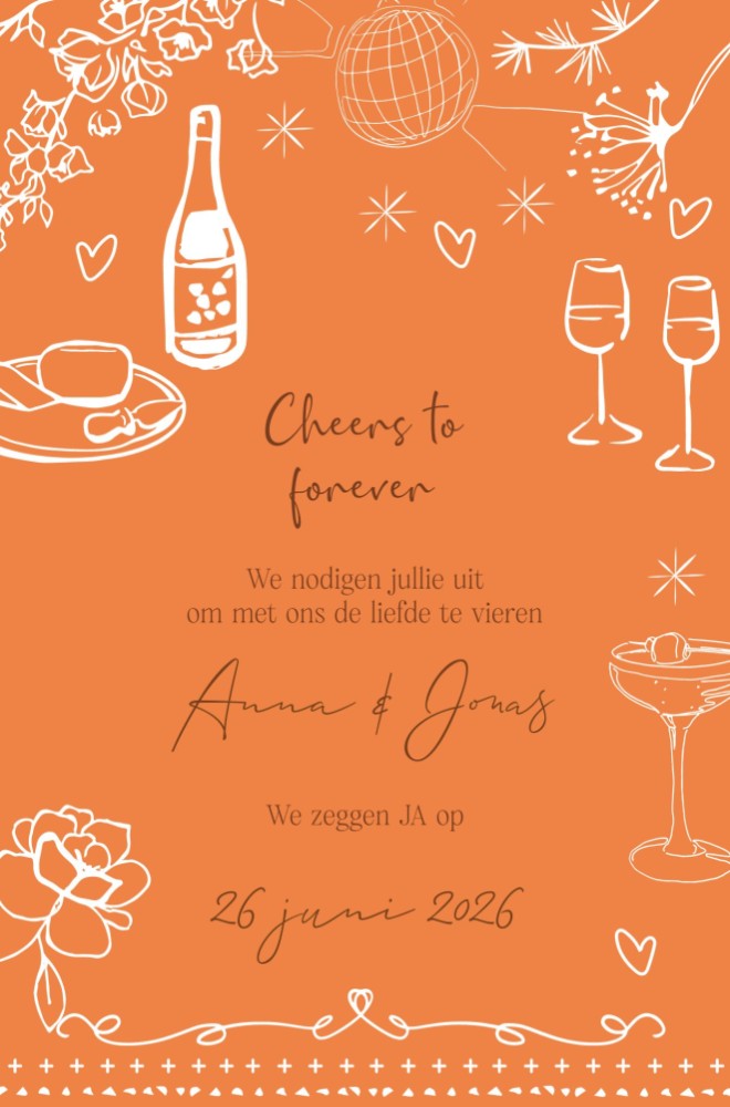 Moderne trouwkaart met trendy illustraties in kleurrijke stijl