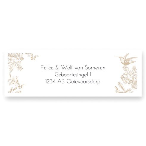 Adresetiket met kolibrie en botanische print in beige kleur