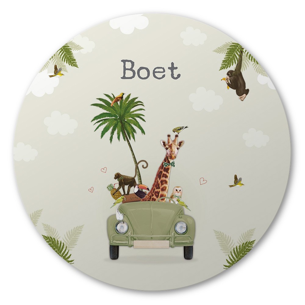 Ronde raamsticker met auto en jungle dieren 60x60