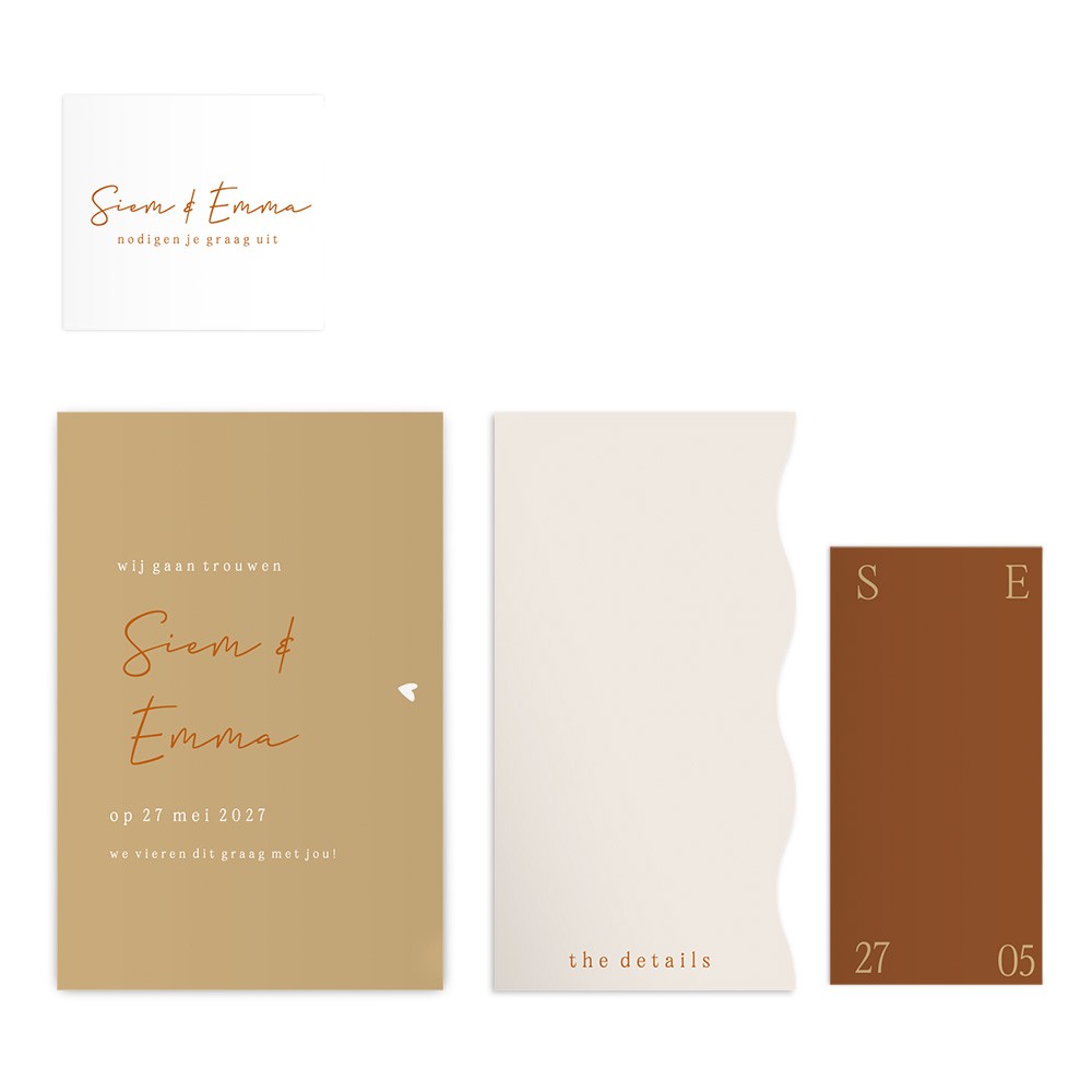 Stijlvolle trouwkaart in aardetinten - stapelkaart van 4 kaarten