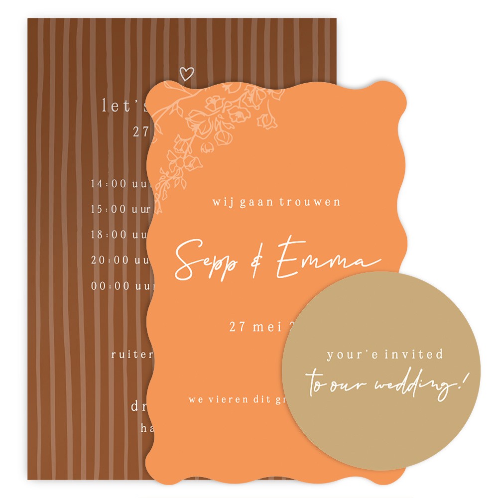 Stijlvolle 3-delige trouw stapelkaart in terracotta en trendy zandkleur