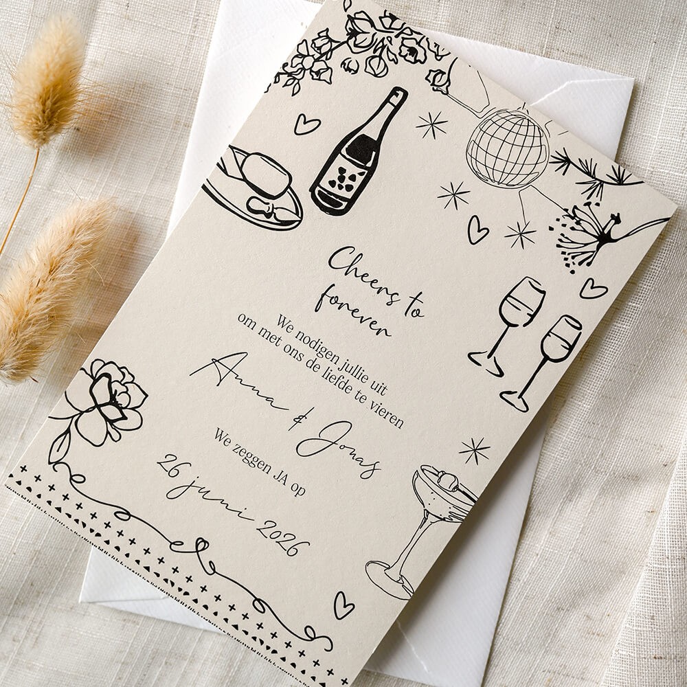 Moderne trouwkaart met vrolijke illustraties in bohemian stijl